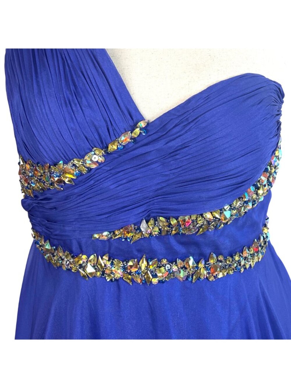 Royal Blue One Shoulder Chiffon Jeweled Plus Gown 18W Flowy Train Formal Prom - Picture 4 of 9